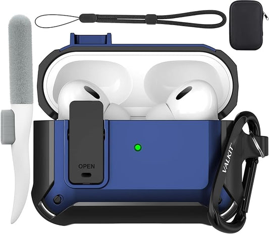 Valkit Armor Series Full-Body Shockproof Protective Case Cover for AirPods Pro 2nd/1st Generation Charging Case with Carabiner Keychain, LED Indicator, and Accessory Pouch