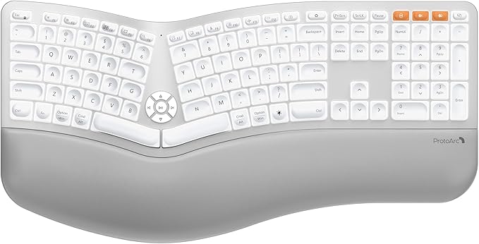 ProtoArc Backlit Bluetooth Ergonomic Keyboard, EK01 Plus Full Size Wireless Split Keyboard with Dual Bluetooth and USB, Cushioned Wrist Rest, Rechargeable, for Windows/Mac/Android, White and Silver