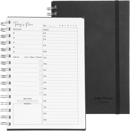 PATIKIL Undated Daily Planner with Hourly Schedule, A5 5.5"x 8.5" To-Do List Hard Cover Spiral Notebook Appointments Planner with Inner Pocket to Organize Daily Tasks Agendas, Black