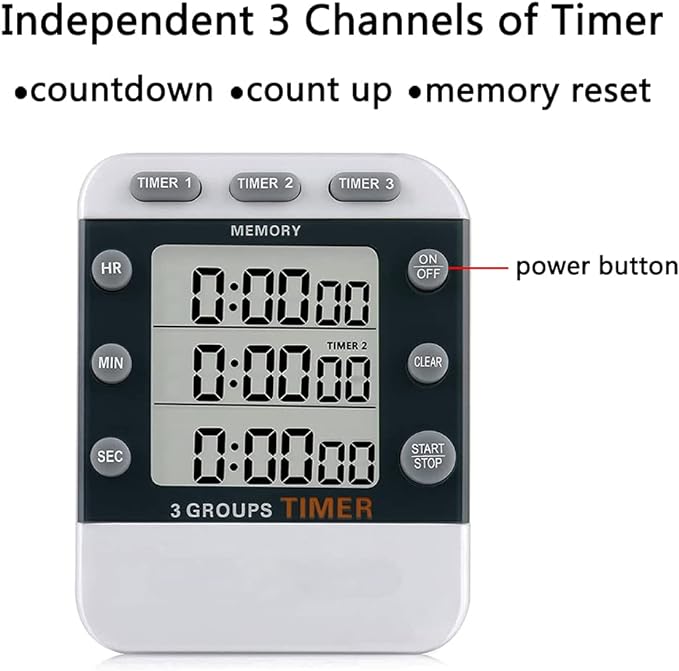Digital Dual Kitchen Timer for Cooking, 3 Channels Count Down/up Triple Multi Timers for Food, Magnetic Memory-Preset Large-Display Adjustable Alarm Volume, 3A Battery Included