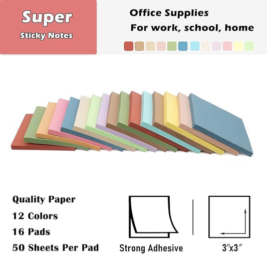 16 Pack Sticky Notes 3x3 in Post, Vintage Colors Sticky Note Pads, Recyclable, Sticky Notes Bulk Easy to Post for Home, Office, Notebook