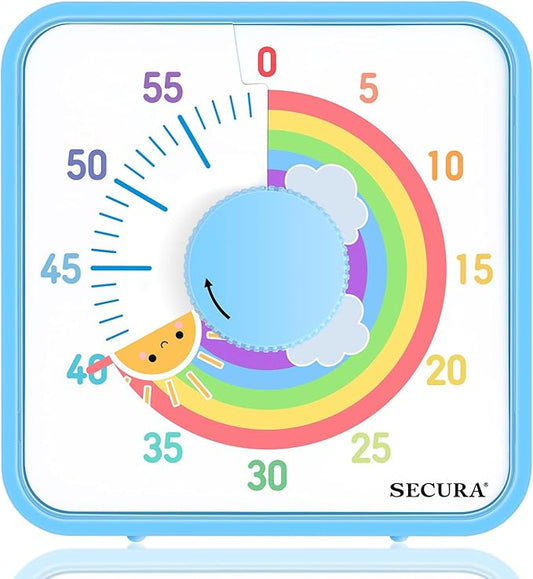 Secura 60-Minute Visual Timer, 7.5 Inch Magnetic Rainbow Countdown Timer for Classroom or Kitchen, Durable Mechanical Timer Clock with Magnetic Backing (Blue & Sun)