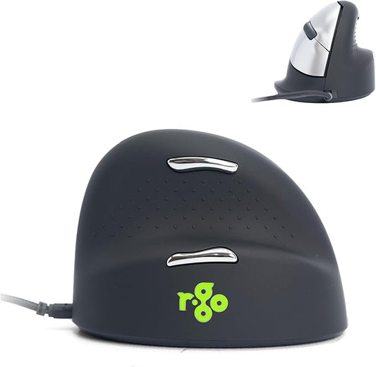 R-Go HE Ergonomic Mouse, with Break Software, USB-C Wired (with USB A Converter), Vertical Design, Anti Carpal Tunnel, Silent Click, Customisable Buttons, Compatible for Windows/MacOS, Black/Silver