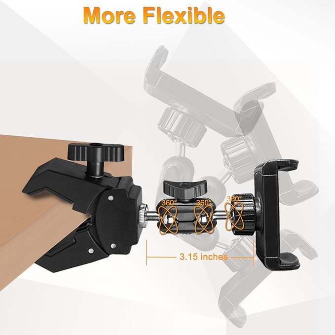 Phone Holder for Mic Stand, Treadmill, Spin Bike, Stroller, Adjustable Clamp on Phone Holder for Microphone Stand, Desk Pipe Pole Clamp Phone Mount Stands for iPhone Samsung All Smartphones (Standard)