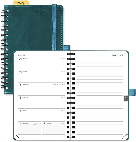 POPRUN 2026 Planner Weekly Notebook (Jan-Dec), Small Size 4''x 6.25'' - 2026 Pocket Calendar for Purse with Spiral Soft Cover, Plastic Ruler, Inner Pocket, 100 GSM TJ - Petrol