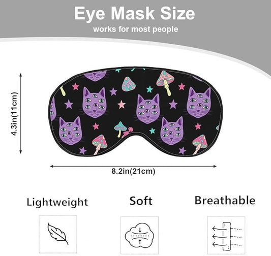 Cat Mushrooms Silk Eye Mask Sleep Mask Bright Psychedelic Cat Halloween Black Eye Mask with Adjustable Strap Lightweight for Women Work Travel Night Sleep