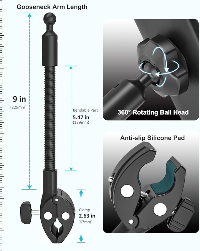 Spin Bike Tablet Holder - Metal Gooseneck Treadmill Tablet Mount, Anti-Shake Elliptical Handlebar Clamp for iPad Pro 13 12.9 Mini Air, Tab, Z Fold, 4-13" Devices