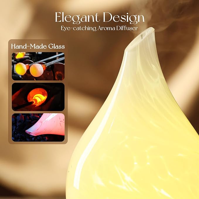 Porseme 150ml Essential Oil Diffuser Glass Color Changing Aroma Air Diffusers Aromatherapy Ultrasonic Cool Mist Humidifier 6 Running Hours Waterless Auto-Off for Sleeping Yoga Office Spa (White Wave)