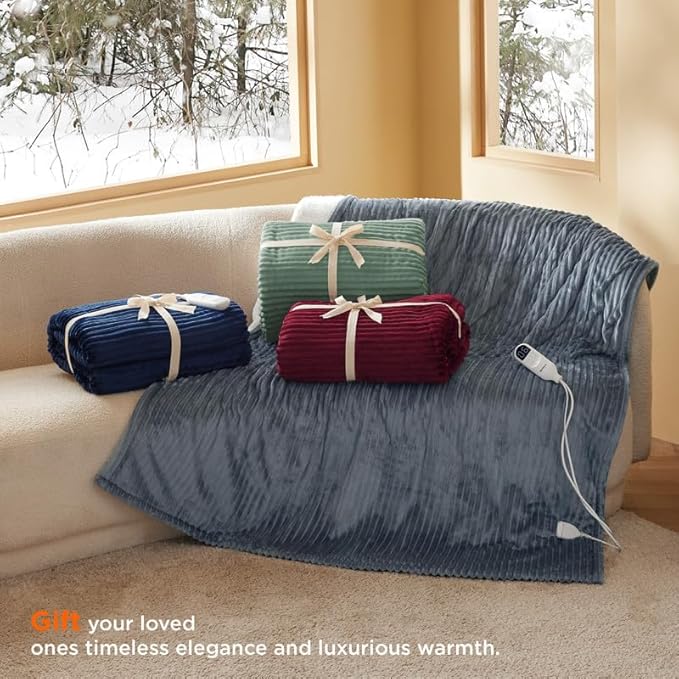 Bedsure GentleSoft Heated Blanket Throw - Soft Ribbed Flannel Electric Blanket, Heating with 4 Time Settings, 6 Heat Settings, and 3 hrs Timer Auto Shut Off, Gifts for Grandma (50x60 inches, Green)