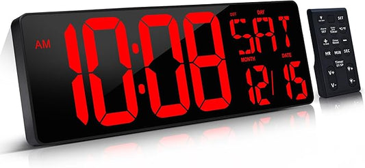 Large Digital Wall Clock（5.6'' Number）, 17.2" LED Wall Clock with Date and Temperature, Count Up/Down Timer with Remote Control, Adjustable Brightness Alarm Clock