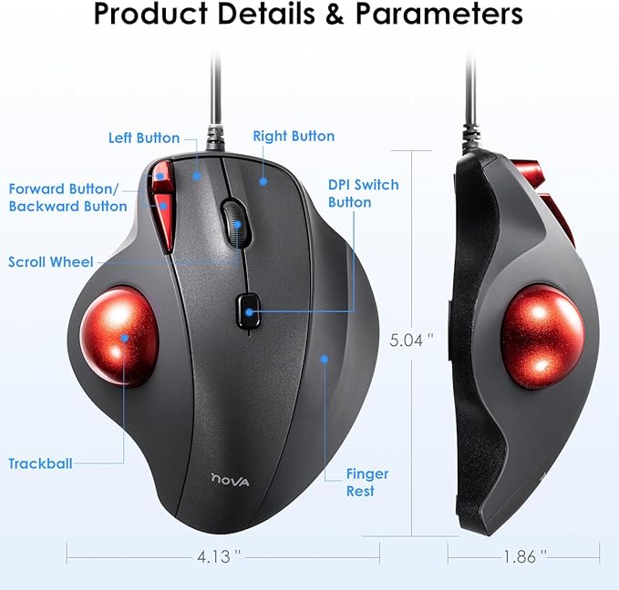 SANWA Wired Ergonomic Trackball Mouse, Optical Rollerball Mice, Programmable Silent Buttons, 34mm Trackball, 600/800/1200/1600 Adjustable DPI, Compatible with MacBook, Laptop, Windows, macOS