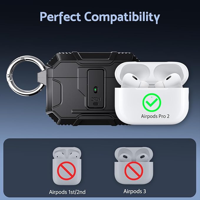 DASFOND Armor Earphone Cover Case for Airpods Pro 2, Military Grade Full Body Shockproof Protection Hard Case, Support Wireless Charging with Keychain, Magnetic Lid, Front LED Visible, Black