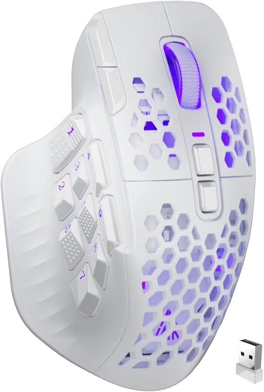 SM809 Pro Wireless MMO Gaming Mouse with 9 Side Buttons,24000 DPI,Triple Connectivity (2.4G/BT/Wired) RGB MMO Mouse for Gamer,16 Programmable Macros,Up to 350H Battery Life,White