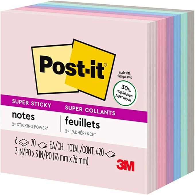 Post-it Super Sticky Recycled Notes, 3x3 in, 6 Pads, 2X The Sticking Power, Bali Collection, Pastel Colors (Lavender, Apricot, Blue, Pink, Mint), 30% Recycled Paper (654-6SSNRP)