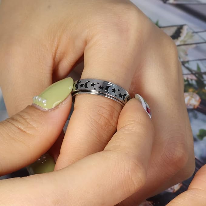 OreilleStar Anxiety Ring for Women Fidget Ring Anxiety Relief Items Spinner Rings for Anxiety Silver Moon Star Fidget Rings for Women men Anxiety Band Ring