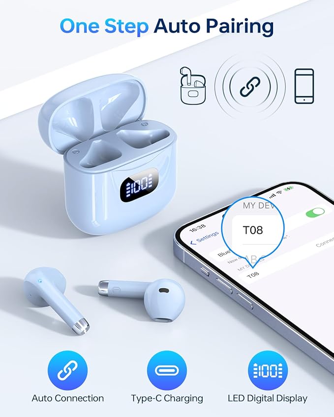 Wireless Earbuds Bluetooth 5.3 Headphones, 40Hrs Playback Stereo Ear Buds with LED Display Charging Case IPX7 Waterproof in-Ear Earphones with Mic for Phone Tablet Laptop Sports, Blue