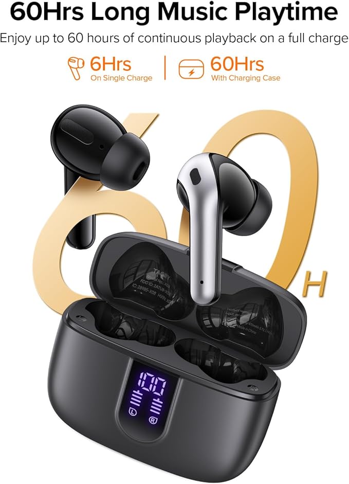 TAGRY Bluetooth Headphones True Wireless Earbuds 60H Playback LED Power Display Earphones with Wireless Charging Case IPX5 Waterproof in-Ear Ear buds with Mic for TV Smart Phone Laptop Computer Sports