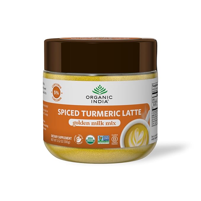 Organic India Spiced Turmeric Latte Powder - Golden Milk Mix, Authentic Blend, Gold Tea Drink, With Ginger and Cinnamon, Vegan, Ayurvedic Herbs, Caffeine Free, Zero Added Sugar - 3.52 Oz