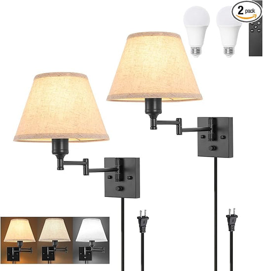 TRLIFE Wall Sconce with Remote Control, Dimming 10%-100% and Adjustable Color Temperature 2700K-6500K Swing Arm Wall Lights with Plug in Cord, 9.4" Medium Beige Fabric Shade(2 Pack, 2 Bulbs Included)