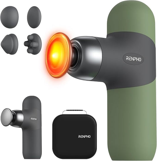 RENPHO Mini Thermal Massage Gun with Heat, Portable Deep Tissue Percussion Massager, Color Silicone Sleeves Travel Size with Carry Case, Olive Drab