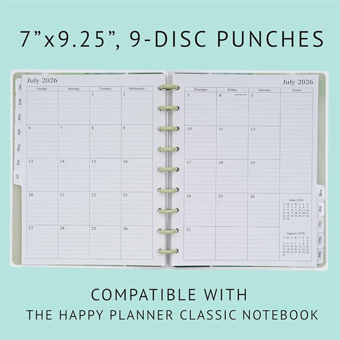 2026 Weekly Planner Refills for Happy Planner Classic Notebook - 9 Discs Punched, Two Pages Per Week, Jan 2026 to Dec 2026, 7" x 9-1/4"