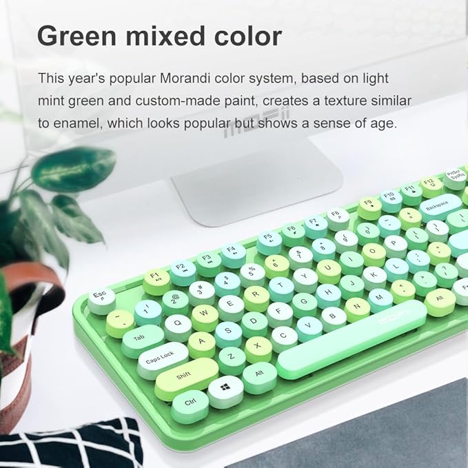 Guffercty kred Green Colorful Wireless Keyboard Mouse, Cute Retro Typewriter Round Keycaps 2.4GHz Dropout-Free Connection for Laptop/PC (Multicolor Green)