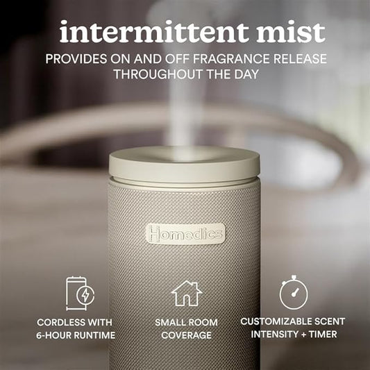 Homedics SereneScent Mini Fabric Rechargeable Waterless Diffuser, Cordless Aromatherapy Device, Use with SereneScent Oil 15ml (Sold Separately), Adjustable Mist Intensity & Ambient Light, Beige