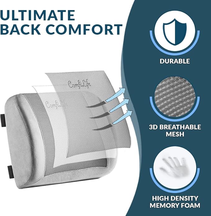 ComfiLife Lumbar Support Back Pillow Office Chair and Car Seat Cushion - Memory Foam with Adjustable Strap and Breathable 3D Mesh (Gray)