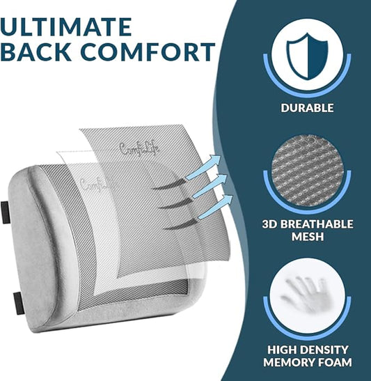 ComfiLife Lumbar Support Back Pillow Office Chair and Car Seat Cushion - Memory Foam with Adjustable Strap and Breathable 3D Mesh (Gray)