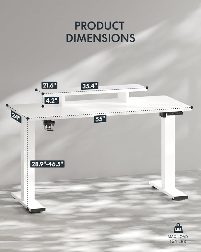 FLEXISPOT Standing Desk with Monitor Stand, 55 x 24 Inches One-Piece Electric Height Adjustable Computer Desk with Cup Holder, Home Office Desks (White Frame+ White Top)