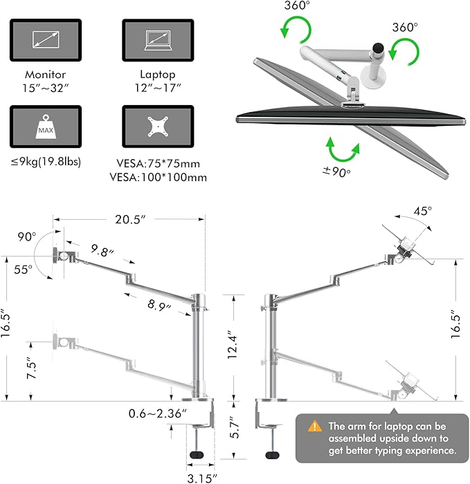 Viozon Monitor and Laptop Mount, 2-in-1 Adjustable Dual Arm Desk Mounts Single Desk Arm Stand/Holder for 17 to 32 Inch LCD Computer Screens, Extra Tray Fits 12 to 17 inch Laptops (Silver)