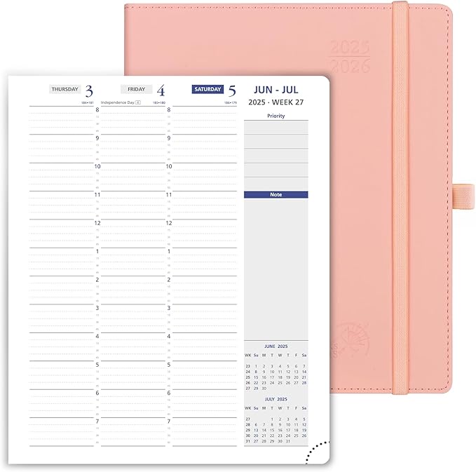 POPRUN Weekly Planner 2025-2026, 7.25'' x 8.5'', 15-Minute Hourly Appointment Book (July 2025-June 2026) with PU Leather Softcover, Monthly Tabs, Inner Pocket - Soft Pink