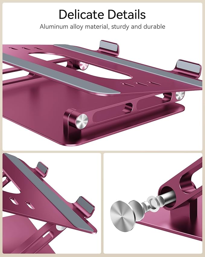 Foldable Aluminum Laptop Stand for 10-17.3" Laptops, Height Adjustable Portable Ergonomic Computer Holder, Space Saving Desk with Heat Dissipation. Compatible with MacBook/Dell/HP etc, Rose