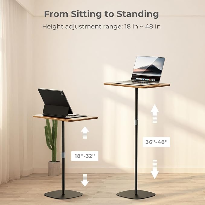 Portable Laptop Floor Stand, Bedside/Sofa Table with Height Adjustable 18''~48'', Sleek Wooden Lectern Standing Desk Mobile Podium for Home, Office, School, Black