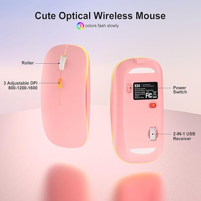 Pink Light Up Keyboard and Mouse Wireless,Cute 2.4Ghz Cordless Rechargeable Transparent Clear Backlit Keyboard,15 Backlight Effects,Volume Knob,RGB Mouse with 3 DPI for Mac Computer PC Laptop Desktop