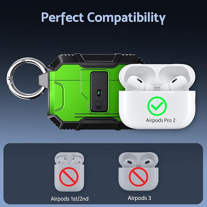 DASFOND Armor Earphone Cover Case for Airpods Pro 2, Military Grade Full Body Shockproof Protection Hard Case, Support Wireless Charging with Keychain, Magnetic Lid, Front LED Visible, Green