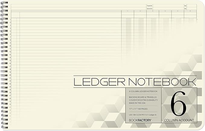 BookFactory Accounting Ledger Notebook/Large 6 Column Accounting Ledger Columnar (Six Columns) Log Book - 17'' x 11'', 100 Pages, Wire-O Landscape Format (LED-100-CLCW-PP(17x11-Ledger-6)-AX)
