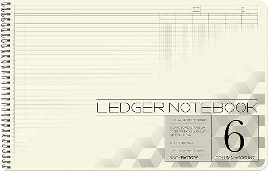 BookFactory Accounting Ledger Notebook/Large 6 Column Accounting Ledger Columnar (Six Columns) Log Book - 17'' x 11'', 100 Pages, Wire-O Landscape Format (LED-100-CLCW-PP(17x11-Ledger-6)-AX)