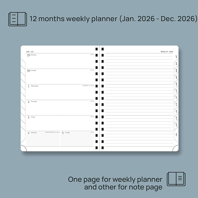 POPRUN 2026 Planner Weekly Notebook (Jan-Dec), Medium 8.5''x 6.5'' - Agenda 2026 Calendar Book with Monthly Tabs, Inner Pocket, Spiral Soft Cover, 100 GSM - Black