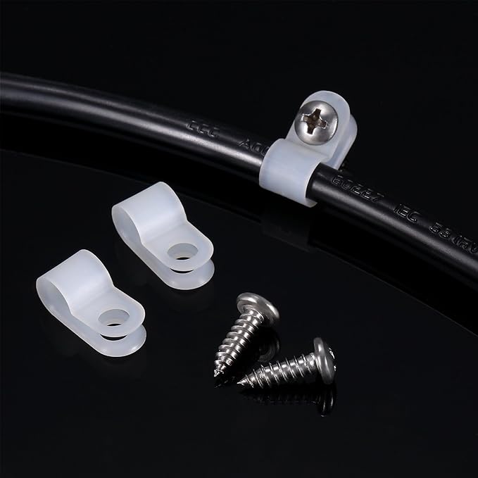 Hicarer 50 Pack R-Type Cable Clip Wire Clamp, Nylon Screw Mounting Cord Fastener Clips with 50 Pack Screws for Wire Management (White, 1/4 Inch)