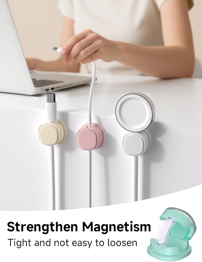 Magnetic Cable Clips, Adjustable Cord Holder Management, Adhesive Wire Keeper Organizer for Home Office Desk Phone PC Car Wall Desktop Nightstand Appliance (9-PCS White_Purple_Cyan_Apricot)