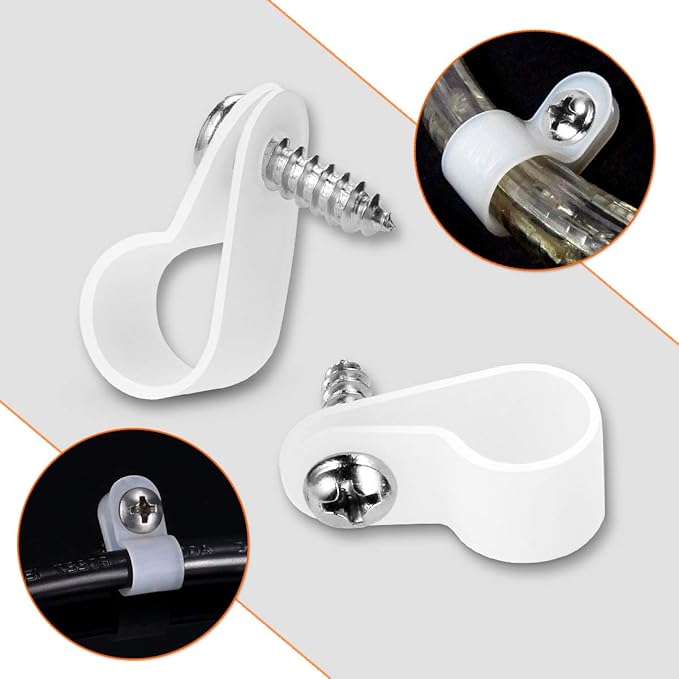 LOKMAN 50 Pack 1/2 Inch Rope Light P-Style Mounting Clips with Compatible Stainless Steel Pan Head Phillips Screws White