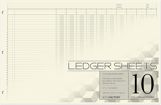 BookFactory Ledger Sheets/Large 10 Column Accounting Ledger Columnar (Ten Columns) Loose Leaf Paper - 17'' x 11'', 50 Pages, Loose Leaf, 3 Hole Punched (SHEET-050-CLCLL(17x11-Ledger-10)-AX)