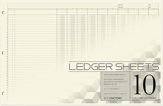 BookFactory Ledger Sheets/Large 10 Column Accounting Ledger Columnar (Ten Columns) Loose Leaf Paper - 17'' x 11'', 50 Pages, Loose Leaf, 3 Hole Punched (SHEET-050-CLCLL(17x11-Ledger-10)-AX)