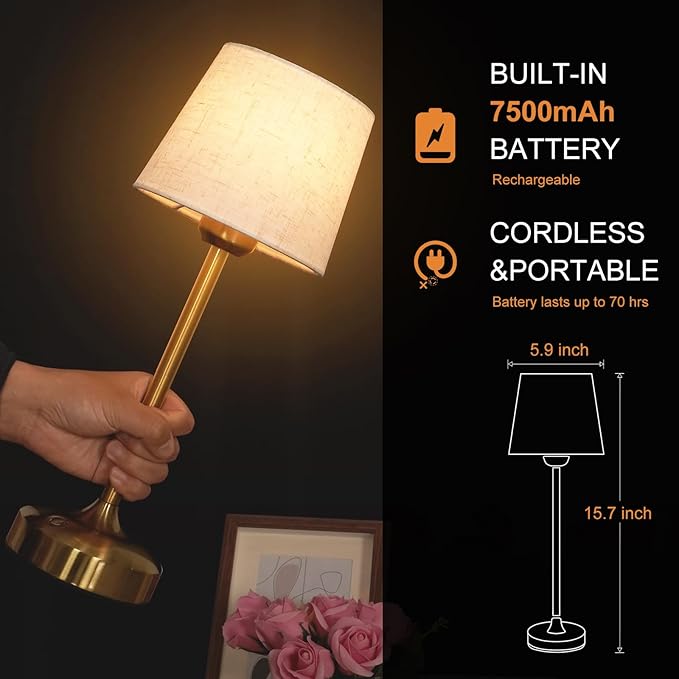YAYZA! Cordless Table Lamp Adjustable Height Desk lamp, Fabric Shade 7500mAh Rechargeable LED Wireless Touch Night Light Stepless Dimming, 3 Color Temperatures with Edison Bulb (Short Gold - 1 Pack)