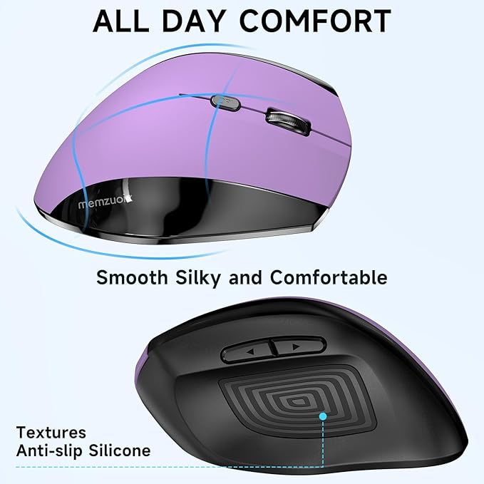 memzuoix Ergonomic Vertical Wireless Mouse - 2.4G Optical Cordless Mice with 3 DPI Levels (800/1200/1600) - Right-Handed Large Size Mouse for Laptop, Mac, PC, Desktop-Purple