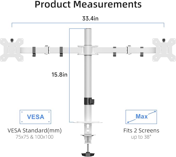 Suptek Dual Monitor Desk Mount, Adjustable Dual Monitor Arm for 2 Monitor Screens up to 38 inch, Extra Tall 15.75" Pole Monitor Stand for Desk, Holds up to 22 lbs,White(MD9442MW)