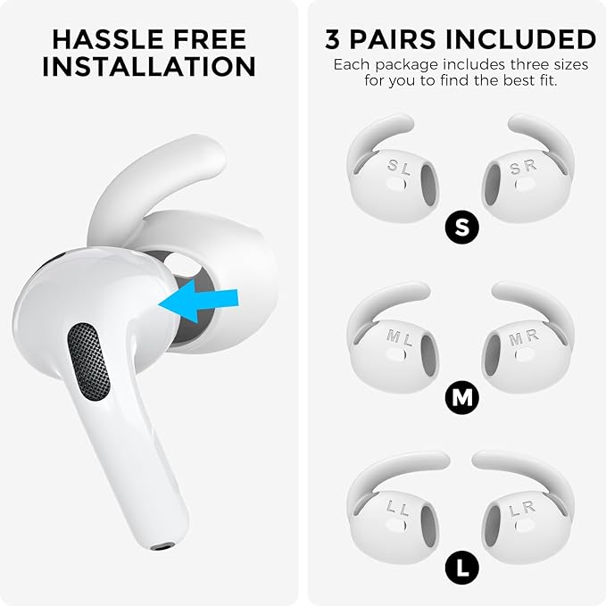 AhaStyle Ear Hooks for AirPods 4th Generation (2024) 【Added Storage Pouch】 3 Pairs S/M/L Anti-Slip Ear Covers Silicone Accessories Compatible with Apple AirPods 4th Gen (Large+Medium+Small, White)