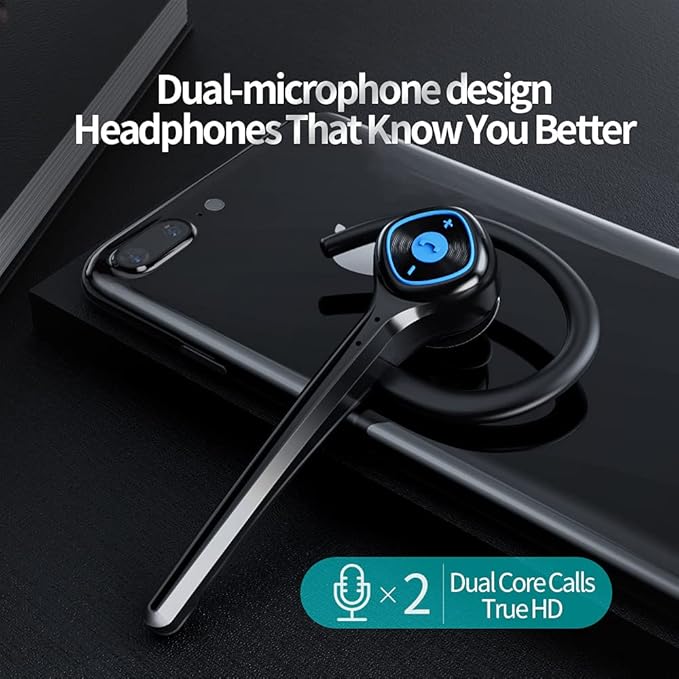 AYI Wireless Bluetooth Earpiece Headphone Dual Noise Cancelling Mic Painless Open-Ear Handsfree Headset Stereo Sound Left/Right Changeable Earhook Earphones for Driving/Business/Gym