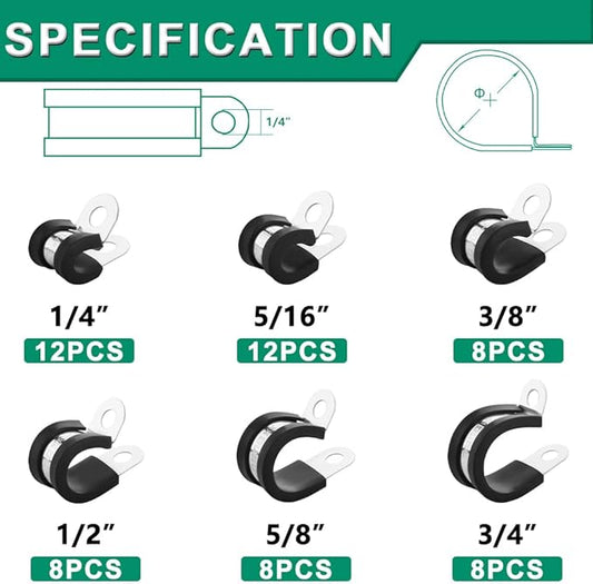56PCS Cable Clamps Assortment Kit,6 Sizes—1/4" 5/16" 3/8" 1/2" 5/8" 3/4" Stainless Steel Rubber Coated Cushioned Insulated Cable Clamp,Automotive Cable Wire Clamps,Pipe Clamps,Metal Clamp